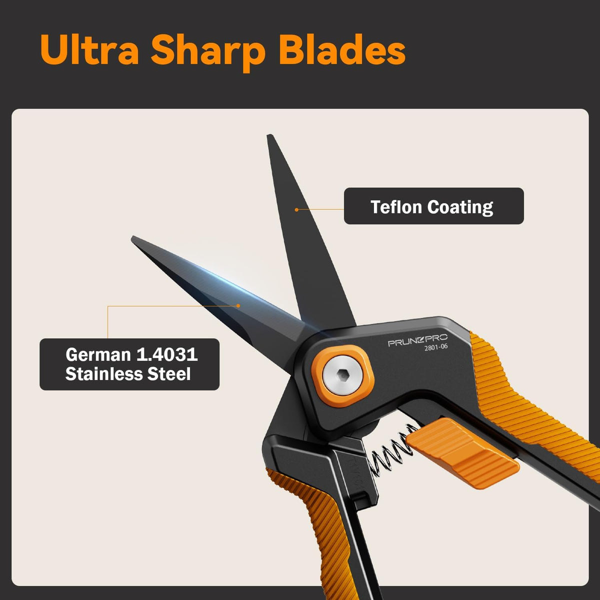 PrunePro Pruning Shears Gardening Scissors Set Professional Hand Pruner Sharp Stainless Steel Blade Teflon Coating Garden Scissors Plant Flower Garden Clipper Orange