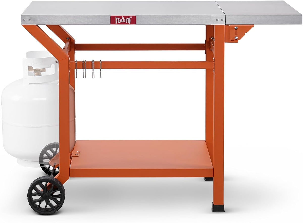 Outdoor Grill Table, 40’’x20’’ Movable Pizza Oven Stand for Outdoor BBQ Food Prep, Stainless Steel Countertop Grill Cart with Storage Shelf & Foldable Extension Table, 6 Extra Hooks