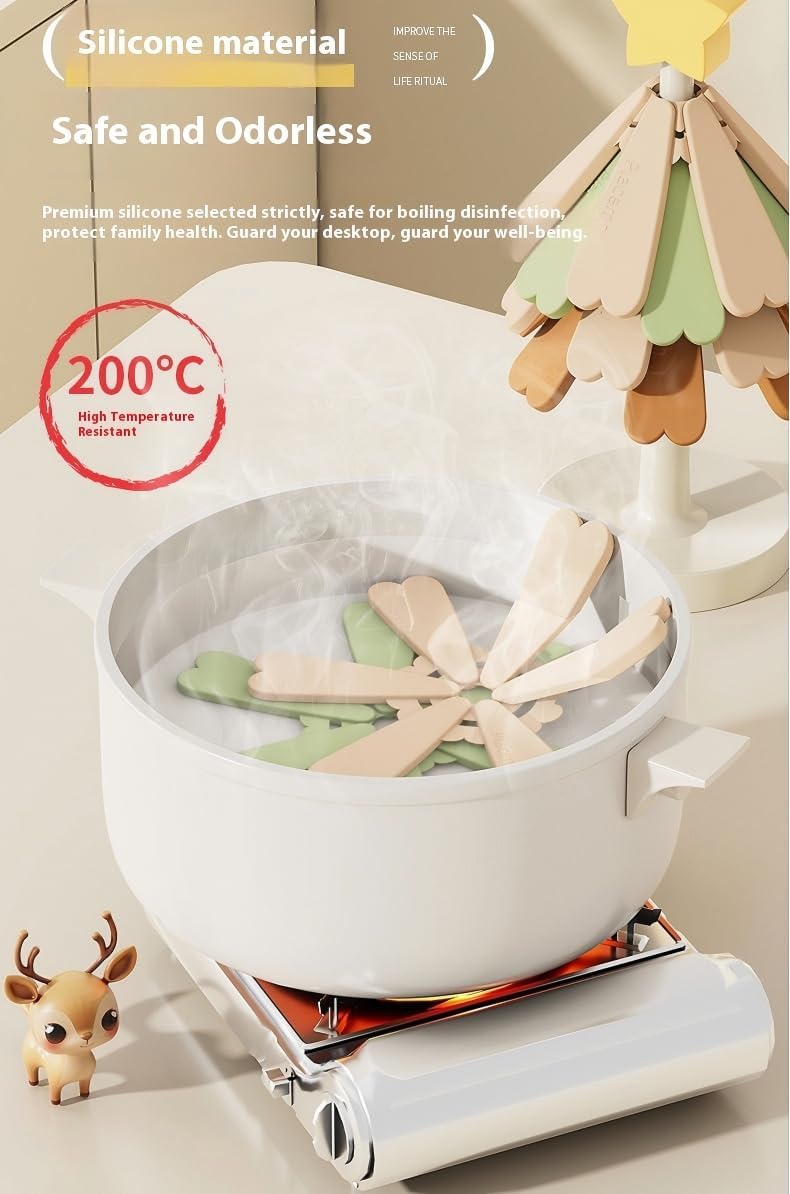 Christmas Tree Silicone Hot Pad, 4-Pack Heat Resistant Trivet for Pots and Pans, Holiday Kitchen Potholder, Coaster, Christmas Table Decor (Four Layers of Yellow and Green Color + Stars)