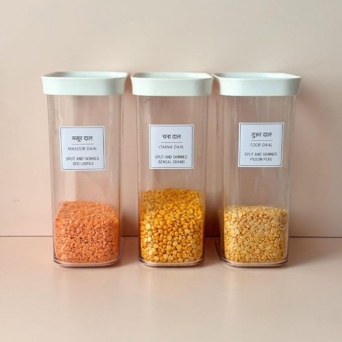 136 Printed Indian Hindi Bilingual Plus 40 Blank Kitchen Pantry Labels, Minimalist, Waterproof, Dishwasher-Safe, Easy to Remove and Re-Stick
