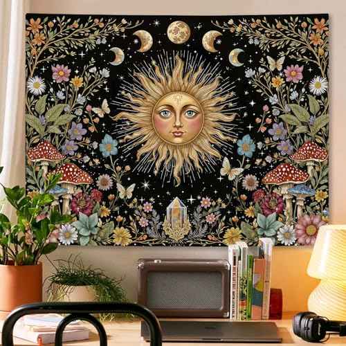 Boho Sun and Moon Tapestry Hippie Mushroom Floral Wall Tapestry for Bedroom Aesthetic Moon Phase Vintage Plant Celestial Small Tapestries Wall Hanging for Living Room Dorm 48 x 36 Inch
