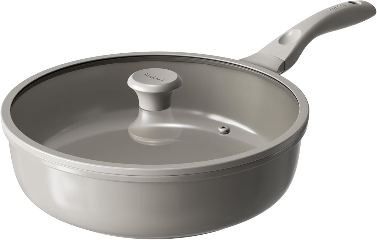 Redchef Ceramic Coated Nonstick Frying Pan with Cover, Large Deep Saute Pan Skillet, Induction Ready, Dishwasher Safe, PFOA PFOS Free, Non Toxic, Glass Lid Large Deep Frying Pan, Grey (5.5Qt, 12")