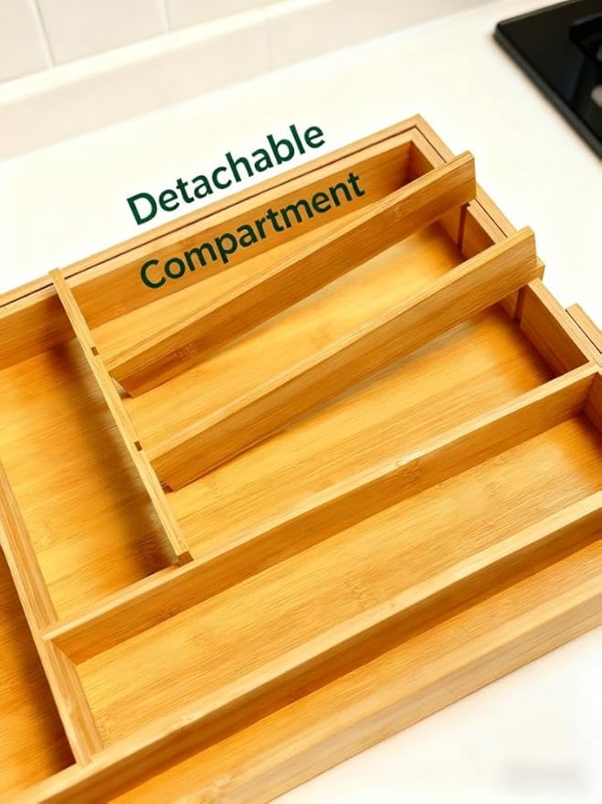QUEENKAY Bamboo Expandable Drawer Organizer for Utensils Holder, Wood Drawer Dividers for Silverware, Flatware, Knives in Kitchen, Bedroom, Living Room