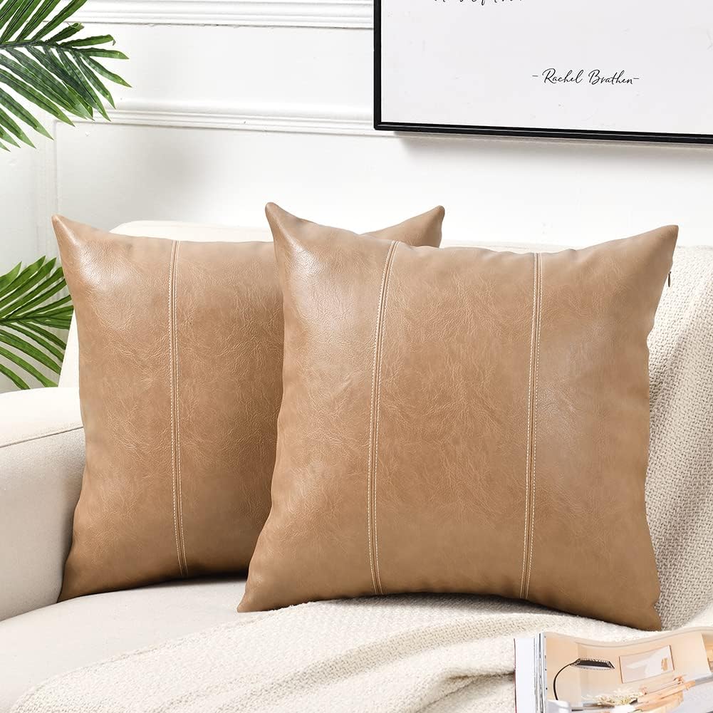 Fancy Homi Tan Decorative Throw Pillow Covers 18x18 Inch for Outdoor Couch Bed, Waterproof Faux Leather Hand Stitched Beige Square Cushion Case 45x45 cm, Modern Farmhouse Boho Home Decor