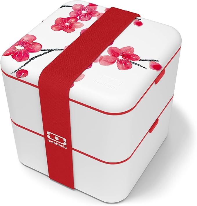 monbento - Large Bento Lunch Box MB Square Blossom with Compartments - Leakproof Lunch Box for Work/Picnic/Meal Prep - BPA Free - Microwave & Dishwasher Safe - Red & White