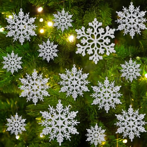 Glitter Christmas Silver Plastic Snowflake Ornaments for Winter Holiday (60 Count)