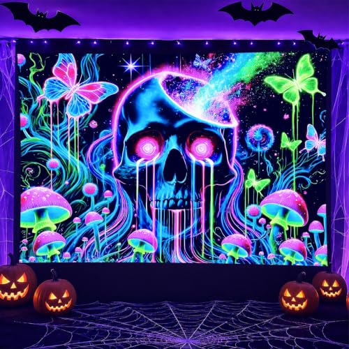 Blacklight Tapestry Skull Butterfly Room Decor 78 x 59 Inch