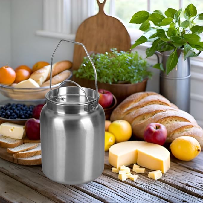 Lindy's Stainless Steel Seamless 2-Gallon Milk Jug, Milk Can, Milk Pail, Anti-Leak Liquid Storage Container with Tight Lid and Long Swivel Handle