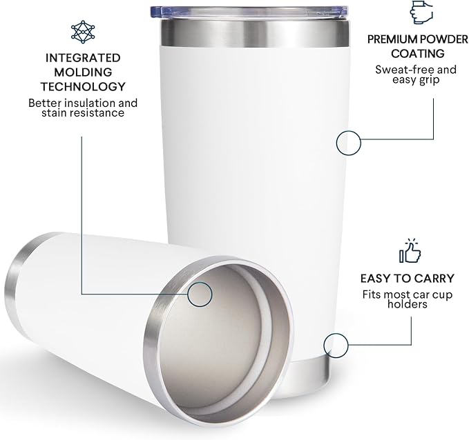 Volhoply 20oz Stainless Steel Tumbler with Lid and Straw,Double Wall Insulated Travel Iced Coffee Mug Fits Car Cup Holder,Powder Coated Cups for Hot and Cold Drinks,Gifts for Women Men（White,1 Set）