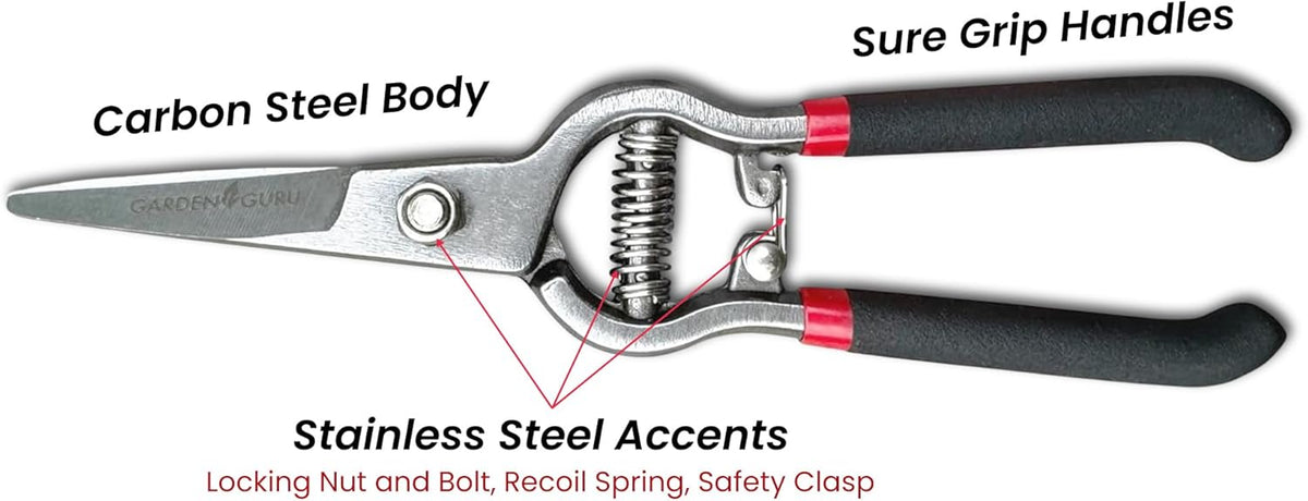 GARDEN GURU Classic Bypass Pruning Shears Clippers – Heavy Duty Forged Steel Garden Pruners – Safety Lock – Non Slip Comfort Grips – Cuts up to 1” Diameter – Professional Bypass Pruners for Gardening