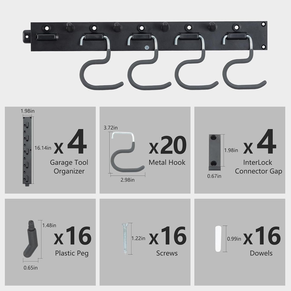 WellMade 64'' Adjustable Garden Tool Organizer, Garage Storage System with Hooks, Wall Mount Tool Organization Rack, Black