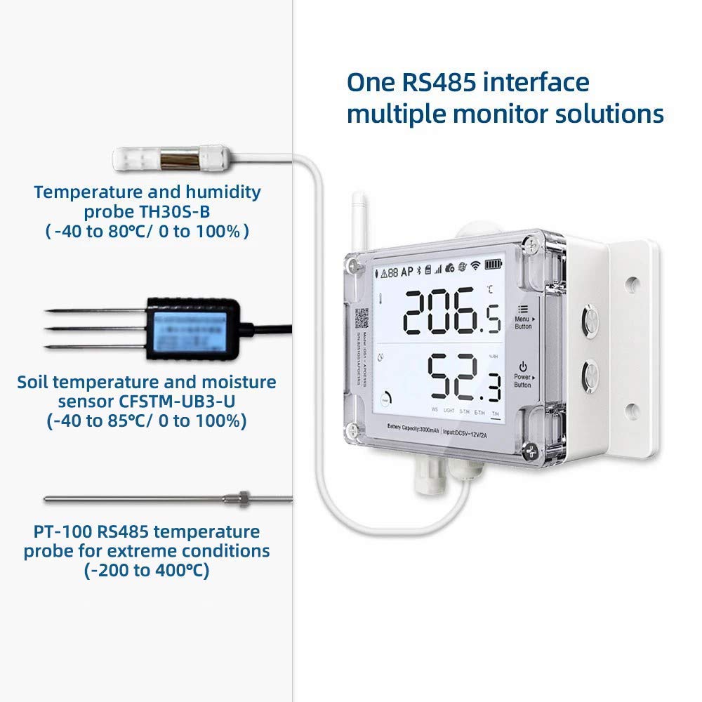 Ubibot GS1-AETH1RS + PT100 Ethernet Thermometer Hygrometer, WiFi Temperature Humidity Sensor, Digital Temperature Data Logger, Free App Email Alert(2.4GHz WiFi & RJ45 Ethernet, no hub Required)