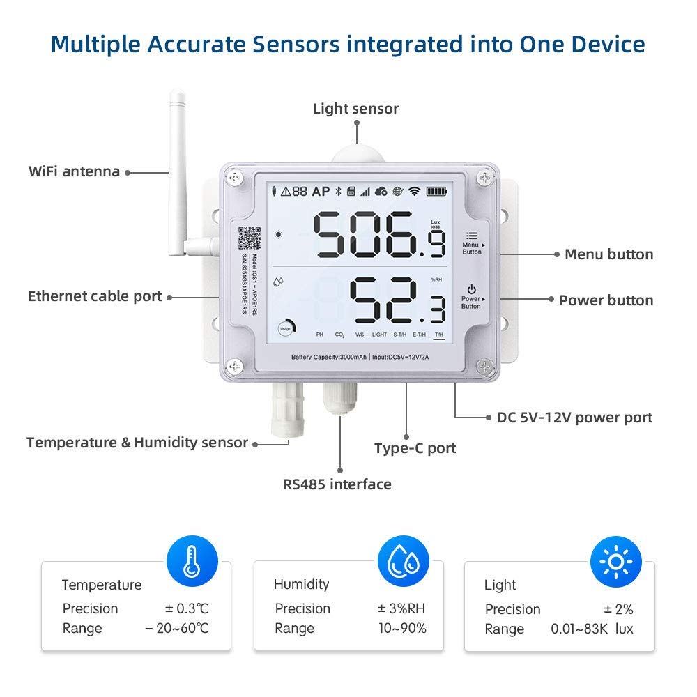 Ubibot GS1-AETH1RS + PT100 Ethernet Thermometer Hygrometer, WiFi Temperature Humidity Sensor, Digital Temperature Data Logger, Free App Email Alert(2.4GHz WiFi & RJ45 Ethernet, no hub Required)
