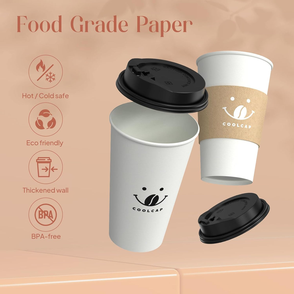 Coffee Cups with Lids and Sleeves, 16 oz 50 pack To Go Cups with Lids, Paper Hot Coffee Cups for Hot & Cold Beverage (White, 16 oz)