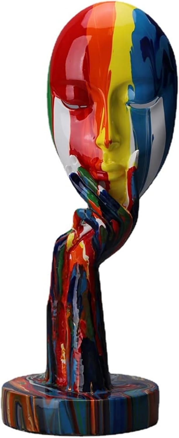 suruim Simple Creative Colorful Female Face Art Statue Thinker Sculpture Abstract Character Crafts Ornament Home Office Bedroom Living Room Study Decoration (Small 11.8x4.3x4.3in)