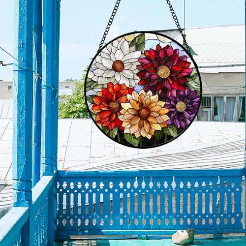 Stained Glass Window Hanging Color Dahlia Suncatcher Gifts for Women 6.3"