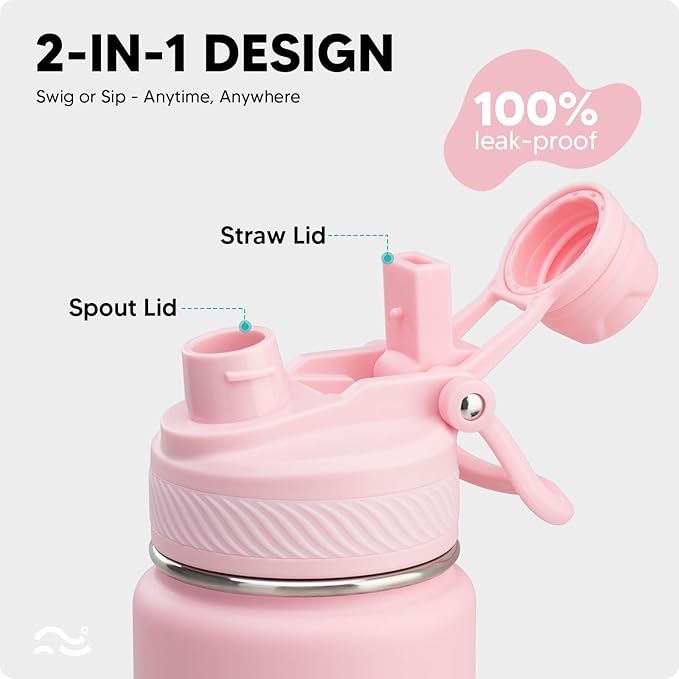 Swigina [2-IN-1 LID] Insulated Water Bottle with Silicone Boot (36hrs Cold/18hrs Hot) - DIY Stickers, Leakproof, BPA Free, 24 oz