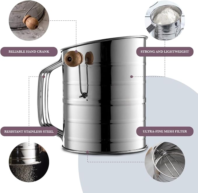 Bellemain 5 Cup Flour Sifter for Baking Fine Mesh Rotary Hand Crank with Loop Agitator for Quick Sifting, Flour Sifter Stainlees Steel