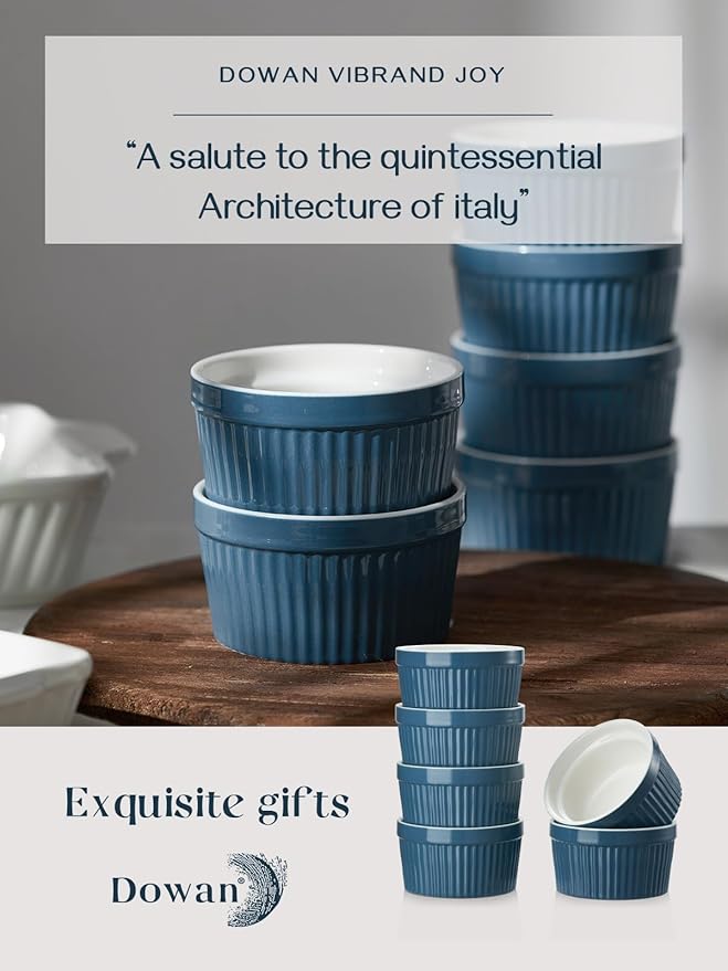 DOWAN 8 oz Porcelain Ramekins Bowls for Souffle, Creme Brulee, Classic Style Ramekins for Baking Oven Safe, Set of 6, Airy Blue