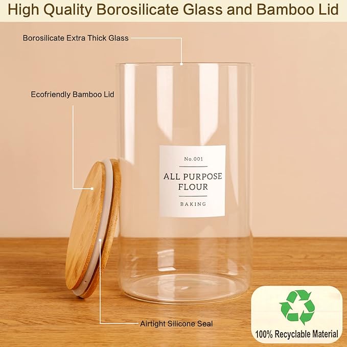 HHMJSM 1 Gallon Large Glass Food Storage Containers With Airtight Bamboo Lid - Kitchen Glass Storage Jars Canister With 42 Pantry Labels - Thicken Big Clear Rice Containers For Your Pantry
