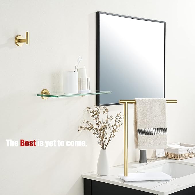 JQK Bathroom Glass Shelf Gold, Tempered Glass Shower Storage 16 by 5 inches, 304 Stainless Steel Brushed Gold Wall Mount 2 Pack, TGS101L16-BG-P2