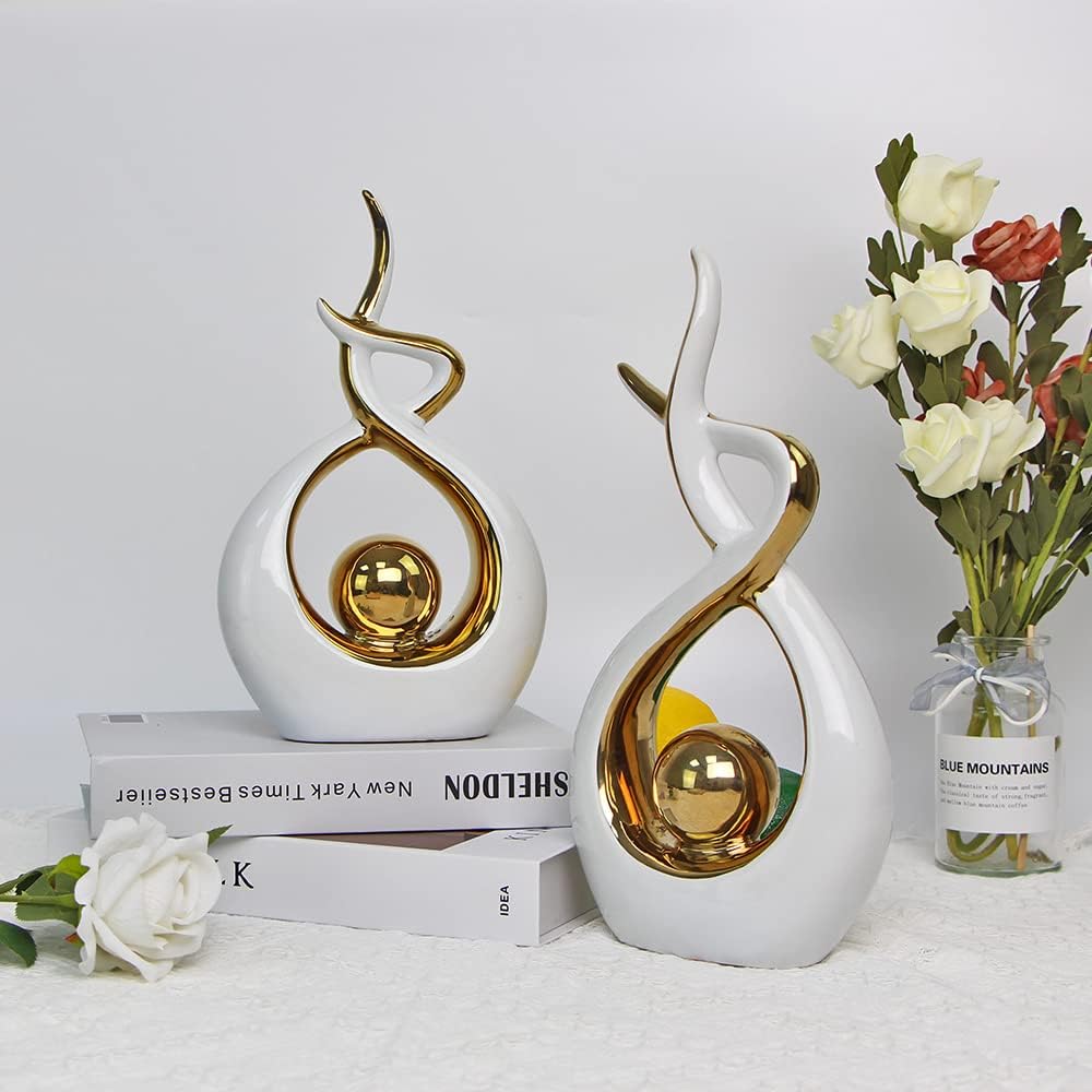Norrclp Home Decor Modern Abstract Art Ceramic Statue Table Decorations for Dining Room Living Room Office Centerpiece (White and Gold, Large)