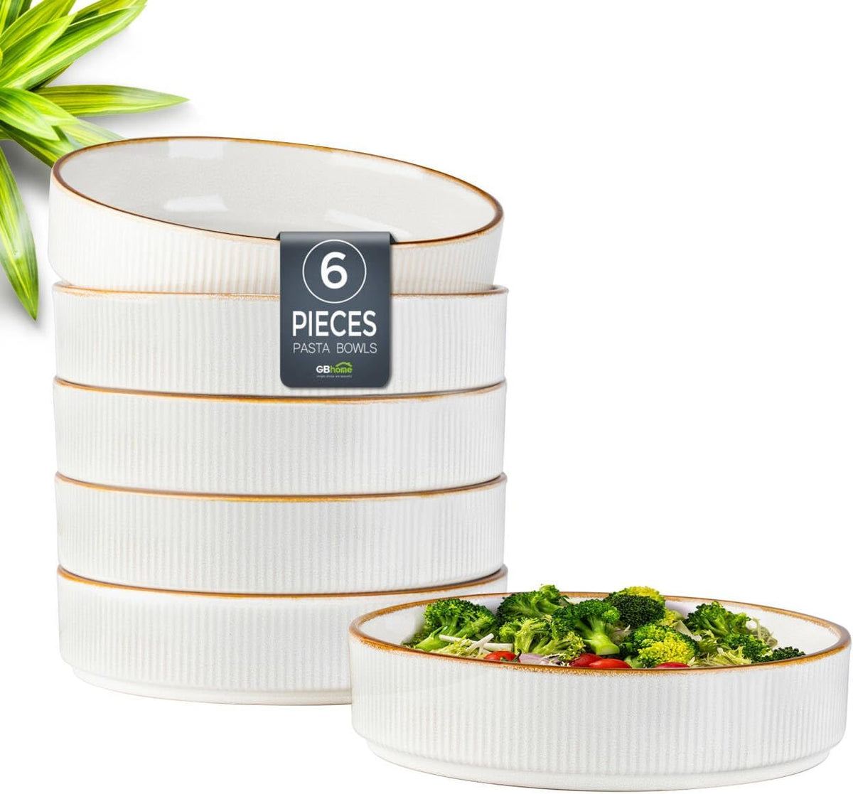 GBHOME 7.5'' Stoneware Pasta Bowls, Serving Bowls Set of 6 for Kitchen, Double Reactive Glaze Bowls for Fruit,Pasta,Salad,Oatmeal,Meal, Microwave Safe (6 pcs)