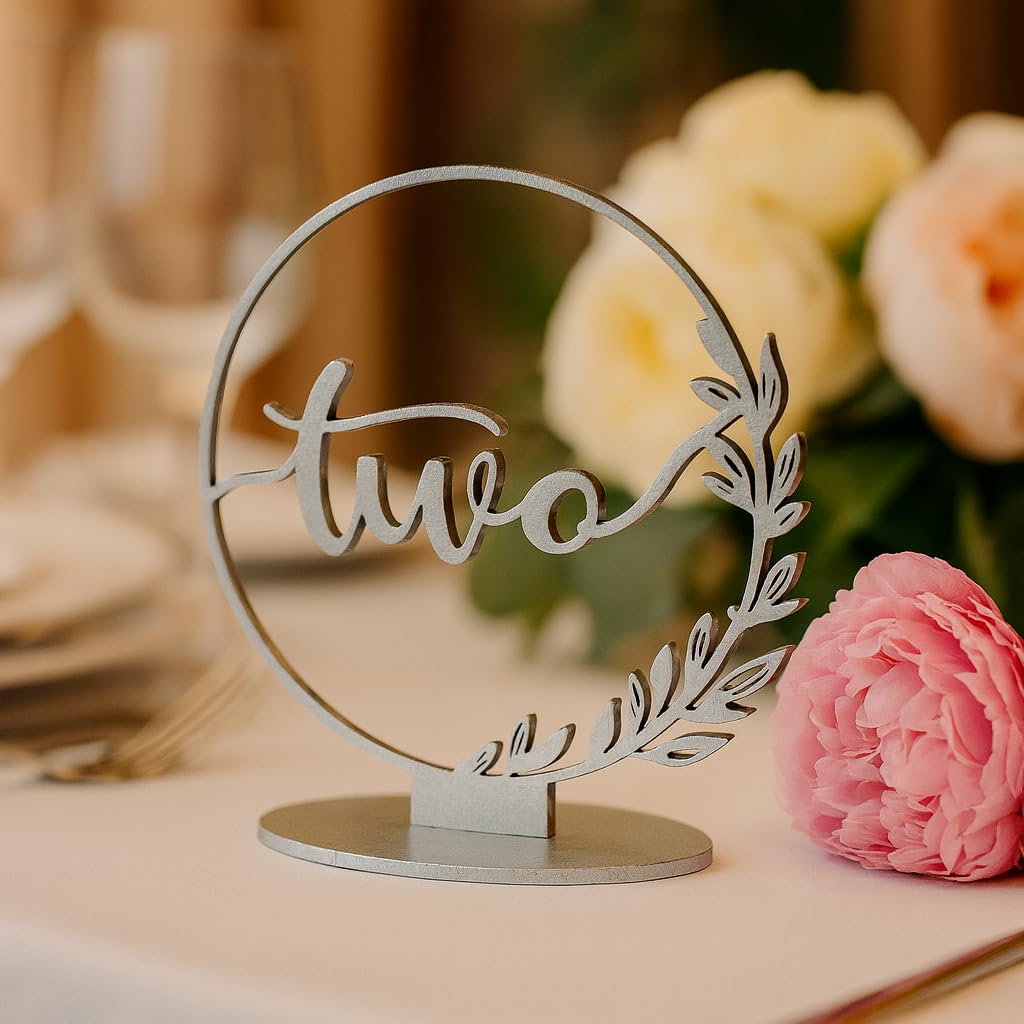 Wedding & Event Table Number Sign – Rustic Floral Circle Numbers, Wooden Seating Decor for Receptions, Parties, Banquets – Gold, Rose Gold, Silver & Black