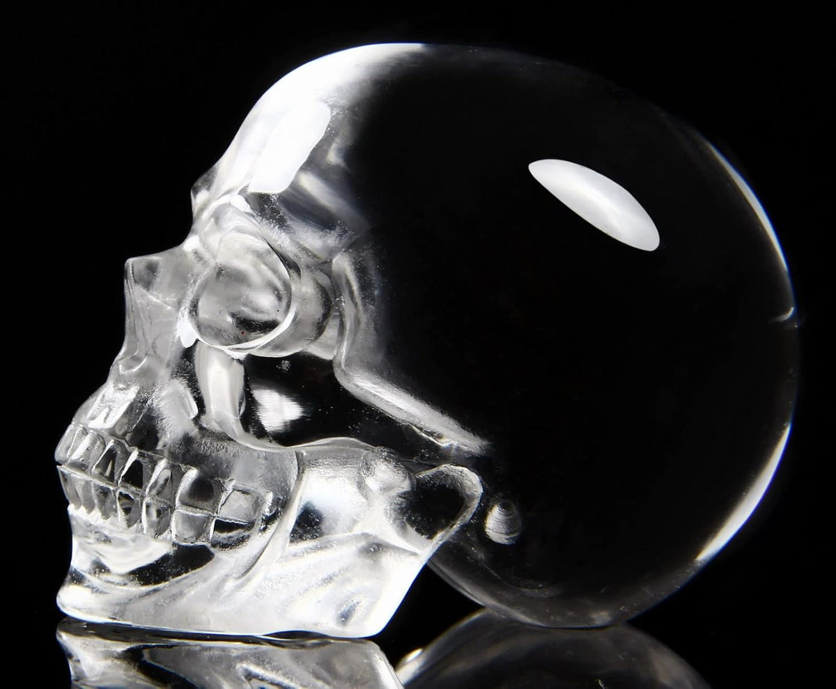 Skullis 2.0" K9 Crystal Skull, Hand Carved Gemstone Fine Art Sculpture, Reiki Healing Stone Statue.