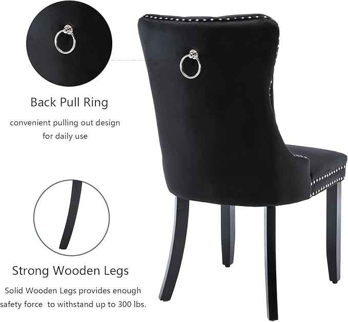 Black Dining Chairs Set of 2,Upholstered Velvet Dining Room Chairs with Back Ring Pull Trim and Solid Wood Legs,Modern Dining Chairs Perfect for Dining Room, Kitchen(Black)