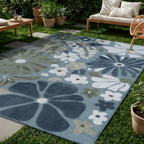Outdoor Rug 10x14 Large Modern Floral Tropical Area Rugs for Outdoor and Indoor Patio Easy to Clean Non Shedding Living Room Porch Garden Washable Outside Carpet (140 Sq Ft)