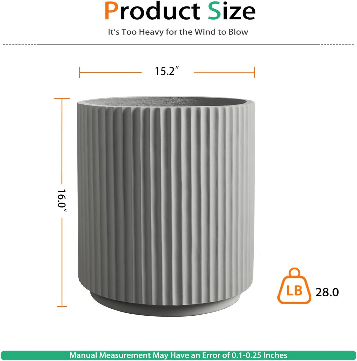 Round Concrete Planter Outdoor Indoor, Large Cement Plant Pots for Flowers (Vertical Gray, 16 inch)