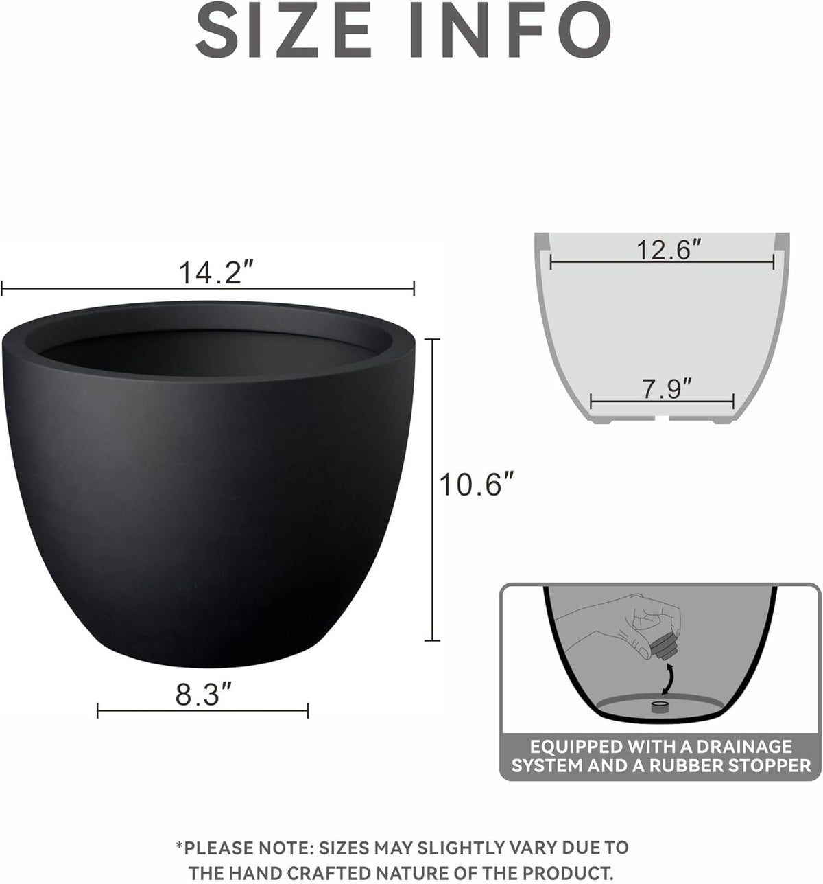Kante 14.2 Inch Round Concrete Planter - Classic Large Indoor/Outdoor Plant Pot with Drainage Hole and Rubber Plug, Suitable for Gardens and Patios, Black