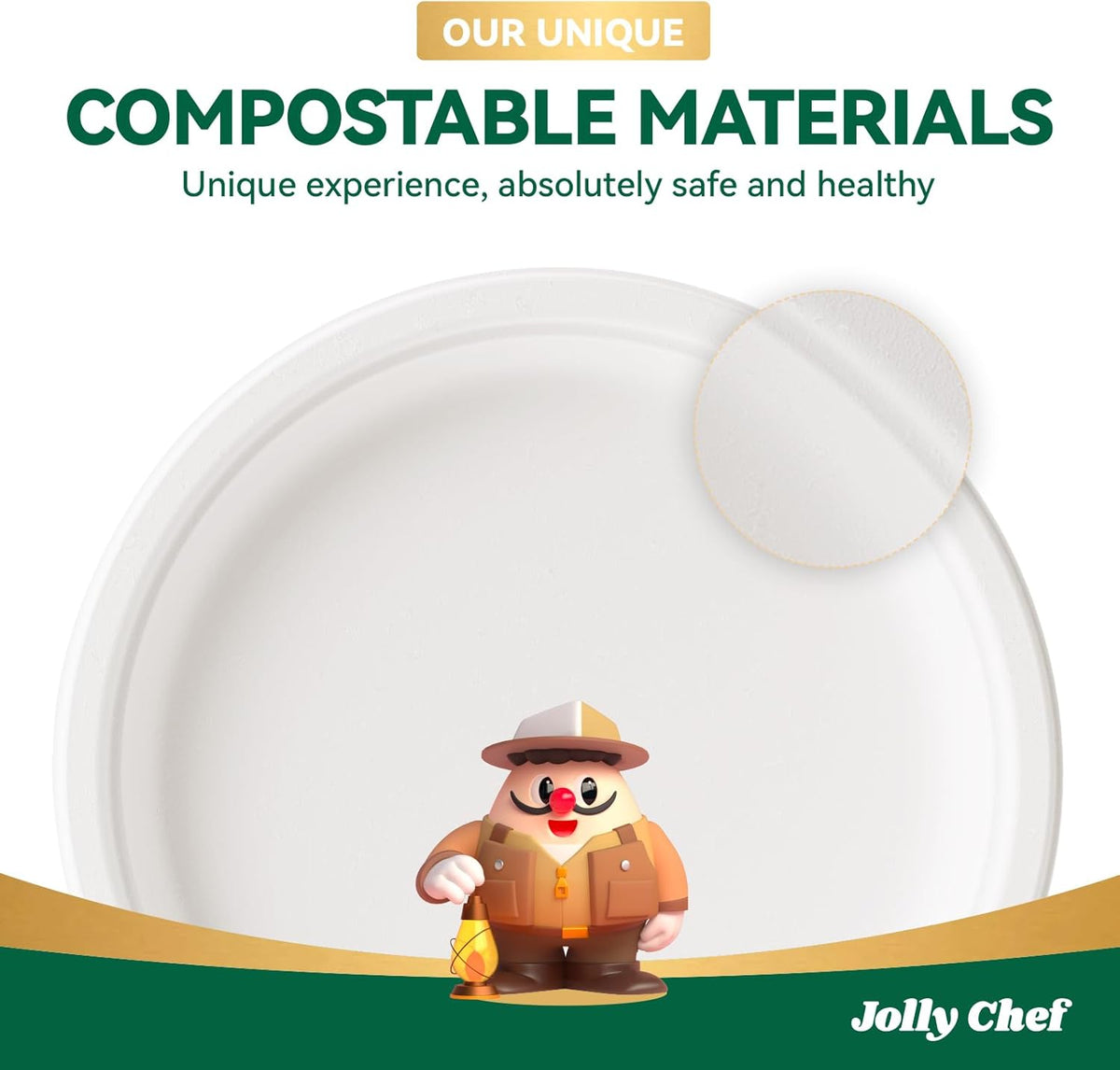 JOLLY CHEF Compostable Heavy Duty Plates 𝟭𝟬 𝗜𝗻𝗰𝗵 [𝟯𝟬𝟬 𝗣𝗮𝗰𝗸] Eco-Friendly Disposable White Paper Plates Made of Bagasse Biodegradable Bulk for Party Dinner Sugarcane Fibers Round 300 Count