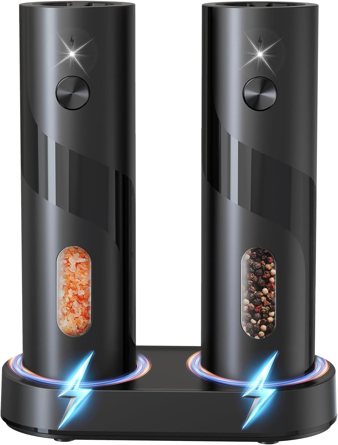 Electric Salt and Pepper Grinder Set with Charging Base，Matte Automatic Pepper Grinder Set Top-Refill, Flexible Coarsenes, 110ml Larger Capacity with LED Light for Home Kitchen (2 pack)