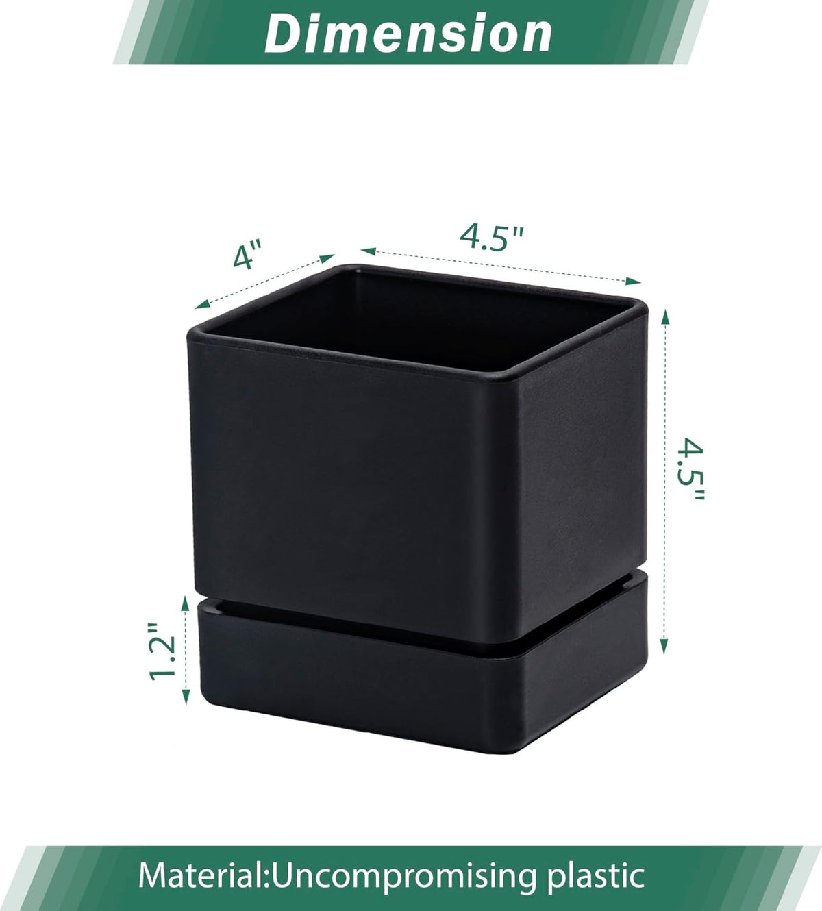 4 Inch Herb Planter Pot, Plastic Planter with Drainage Holes and Saucer, Modern Decorative Gardening Pot for Indoor Plants, Flowers, Herbs, Succulents, Black, Set of 1, 76-Y-B-1