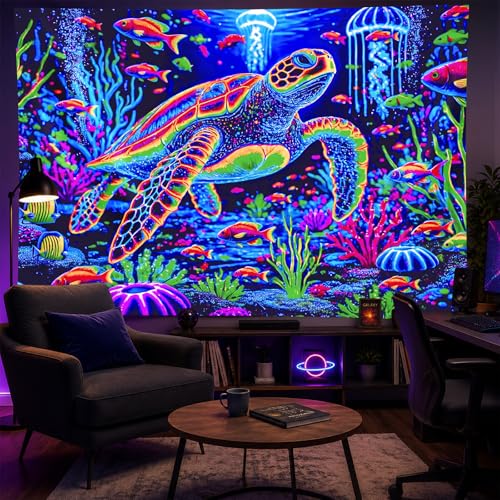 Blacklight Tapestry Sea Turtle Neon Decor 51 x 78 Inch