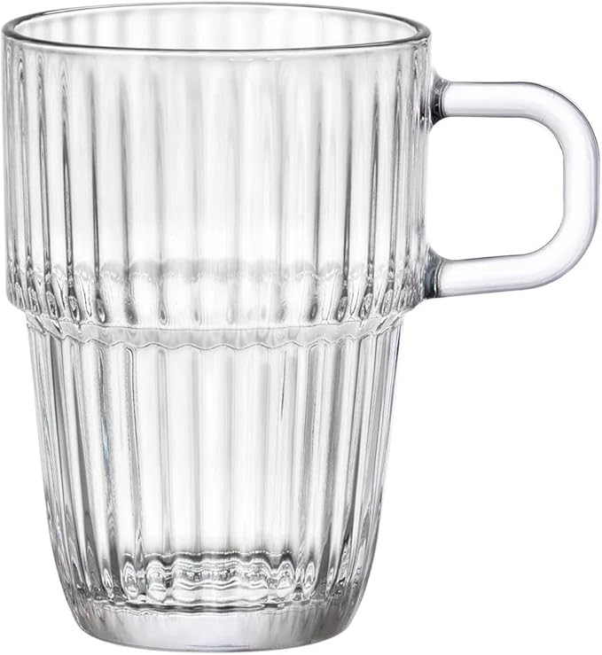 Bormioli Rocco Barshine 10.5 oz. Coffee, Tea and Hot Cocoa Mugs Stackable Tempered Drinking Glasses, Set of 12, Clear