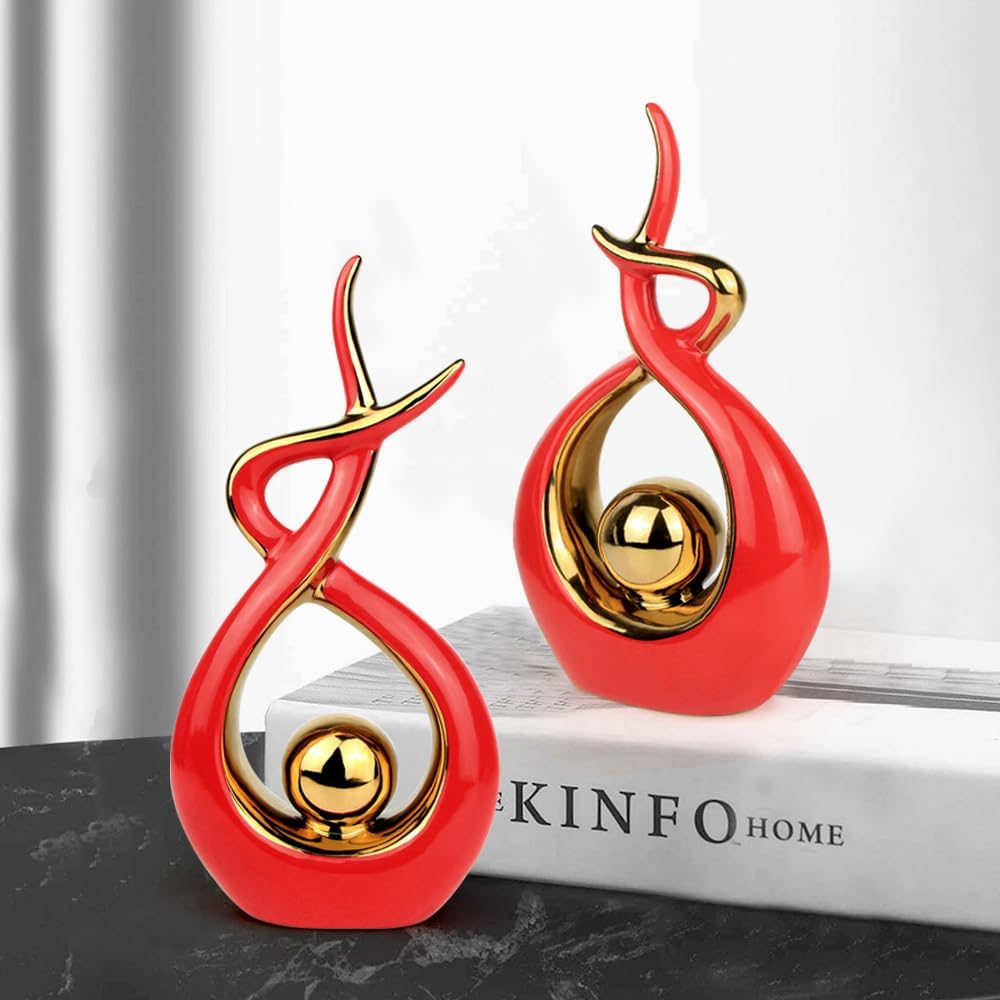 Norrclp Home Decor Modern Abstract Art Ceramic Statue Table Decorations for Dining Room Living Room Office Centerpiece (Red and Gold, Small)