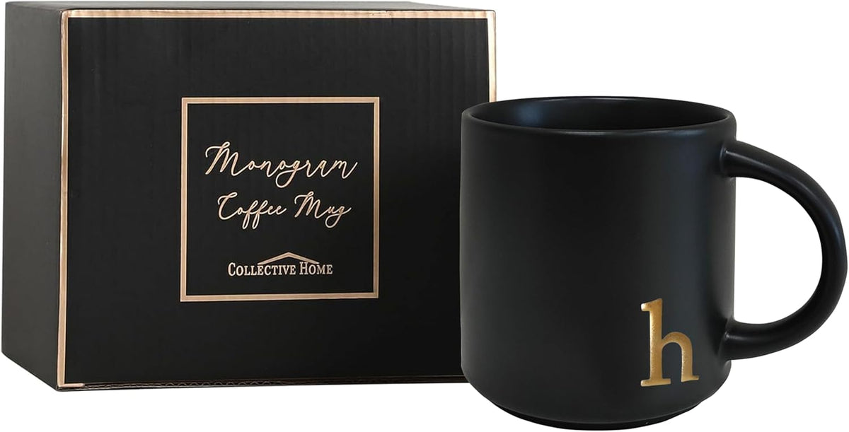 COLLECTIVE HOME - Black Monogram Ceramic Mugs, 15 oz Golden Initial Coffee Cups, Elegant Alphabet Tea Mugs, Personalized Halloween Mug with Gift Box, Perfect for Office and Home Décor (h)