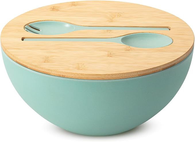 BAMBOO LAND- Extra Large Salad Bowl with Wooden Lid, 11.4 Inch/177 Oz, Mint Green, Bamboo Fiber Salad Bowl with Serving Utensils, Wide Applications