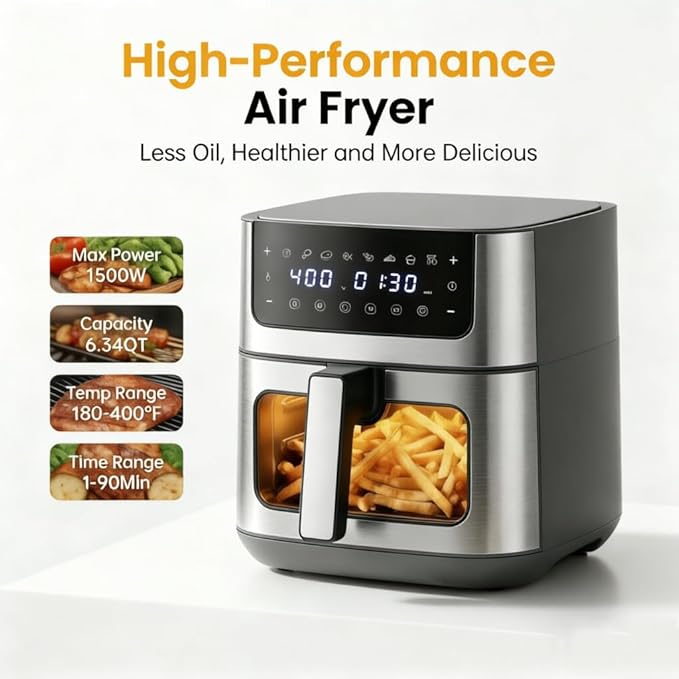 HealSmart 6.34 Qt Air Fryer with Window, 8-in-1 Digital AirFryer Oven, 1700W, Nonstick Dishwasher-Safe Basket, Air Fry, Roast, Dehydrate, 90-Min Timer, Stainless Steel, Gray