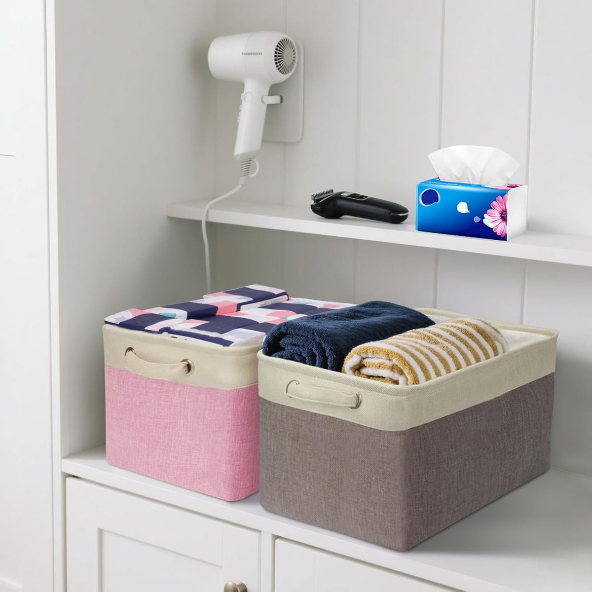 BALEINE 1 Pack Fabric Storage Bins for Shelves, Linen Storage Baskets for Organizing, Decorative Closet Bins for Clothes, Home (Navy Blue, 15''x11''x9.5'')