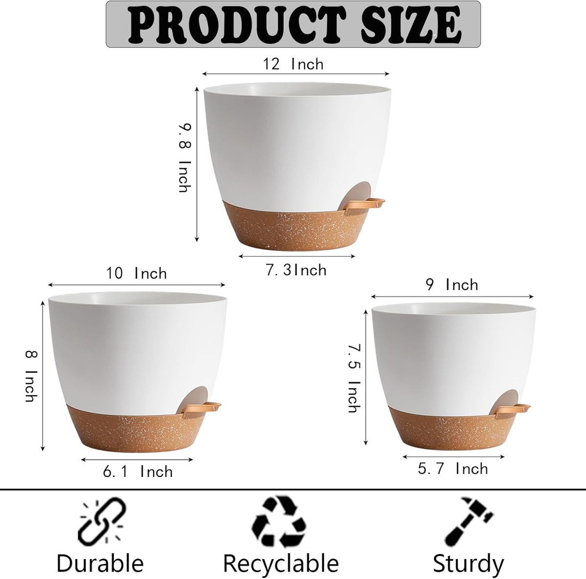 Plant Pots,12+10+9 Inch Self Watering Pots with Drainage Hole for Indoor Plants Large Flower Pot, Plants Pots Indoor Outdoor,Modern White Plastic Planters for Indoor Plants