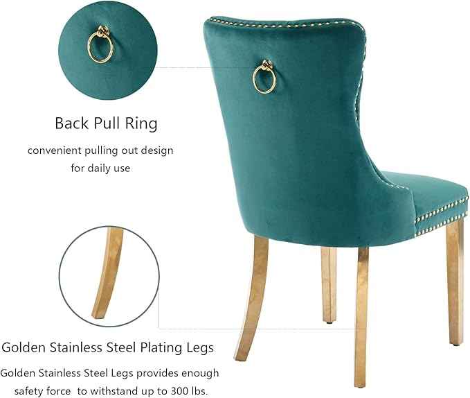 Velvet Dining Room Chairs Set of 4, Upholstered Dining Chairs with Back Ring Pull Trim and Golden Stainless Steel Legs,Modern Dining Chair Perfect for Dining Room,Living Room,Kitchen(Green)