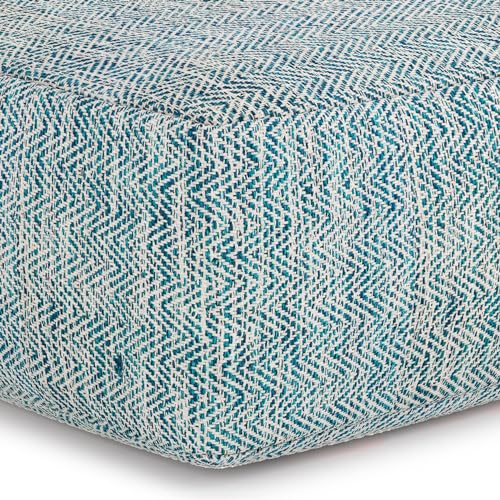 Nate 20" Wide Square Pouf in Light Teal Handwoven Cotton
