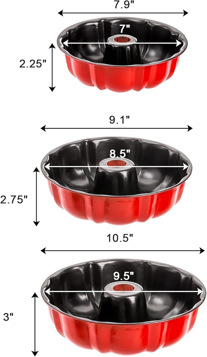 Tosnail Set of 3 Non-Stick Fluted Cake Pan, Tube Pan Round Cake Pan Steel Baking Pan Instant Pot Bakeware - 7", 8.5", 9.5", Red