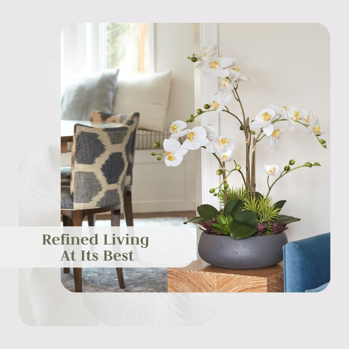 Faux Orchid Plant w/Succulents, Premium Artificial Indoor Flower Display Stands 24” w/Beautiful Sculptural Blooms and Succulents That Lasts Forever, Grey Planter Pot Included