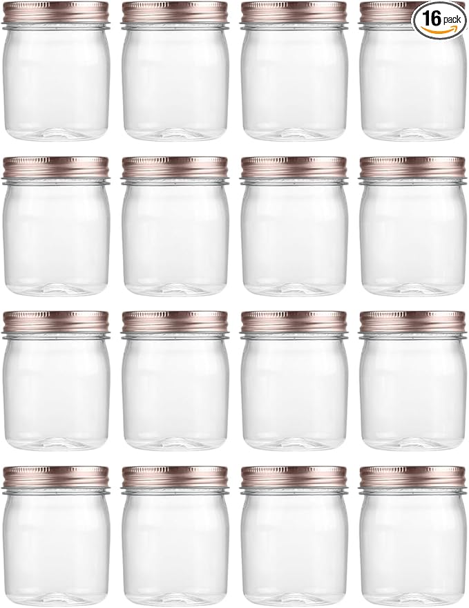 novelinks 8 oz Clear Plastic Jars with Airtight Lids, 16 Pack Plastic Mason Jars with Lids 8oz, Refillable Storage Slime Containers & Small Spice Jar for Kitchen Organization (16 Pack,Rose Gold)