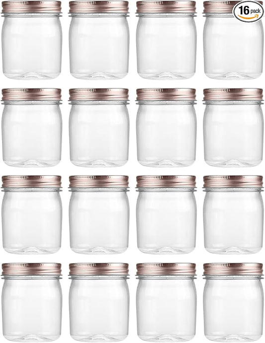 novelinks 8 oz Clear Plastic Jars with Airtight Lids, 16 Pack Plastic Mason Jars with Lids 8oz, Refillable Storage Slime Containers & Small Spice Jar for Kitchen Organization (16 Pack,Rose Gold)